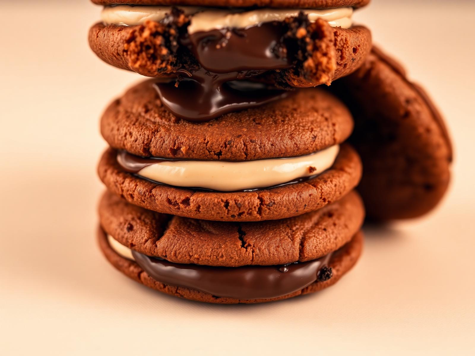 Stack of stuffed gourmet cookies with chocolate filling