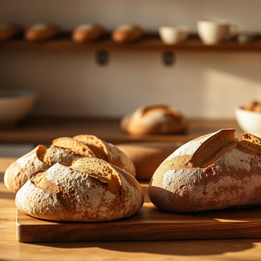 Sourdough loaves on wooden board