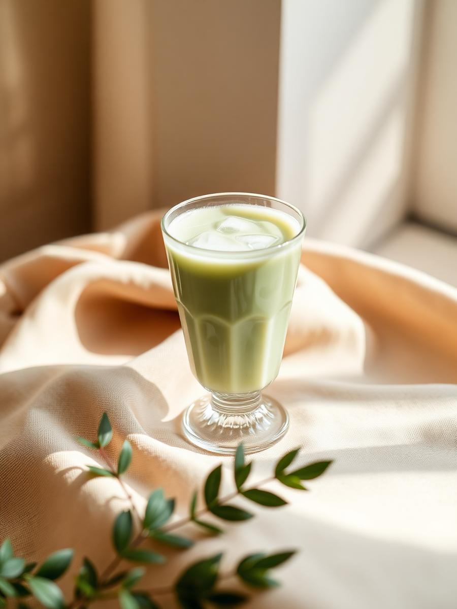 Iced matcha latte on linen