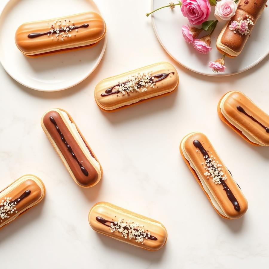 Assorted eclairs on marble
